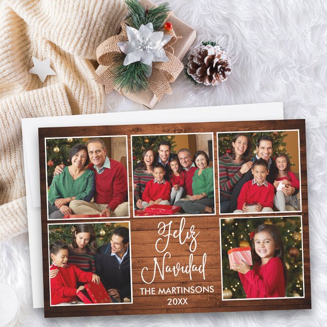 Cartes Pour Fêtes Annuelles Calligraphie amusante 5 Photo Wood Feliz Navidad (Customize to add text to back of card.)