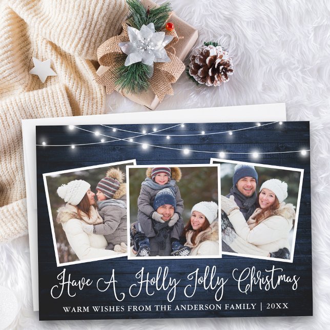 Cartes Pour Fêtes Annuelles Calligraphie amusante Holly Jolly Christmas Blue W (Customize to add text to back of card.)
