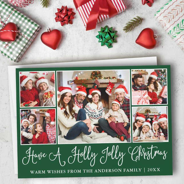 Cartes Pour Fêtes Annuelles Calligraphie amusante Holly Jolly Christmas Green (Customize to add text to back of card.)