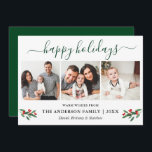 Cartes Pour Fêtes Annuelles Calligraphie Aquarelle Holly 3 Photo Vert<br><div class="desc">Script de calligraphie moderne 3 Photo Famille Collage photo Happy Holidays Card inclut Watercolor Christmas Holly Berries - Forest Green Script</div>