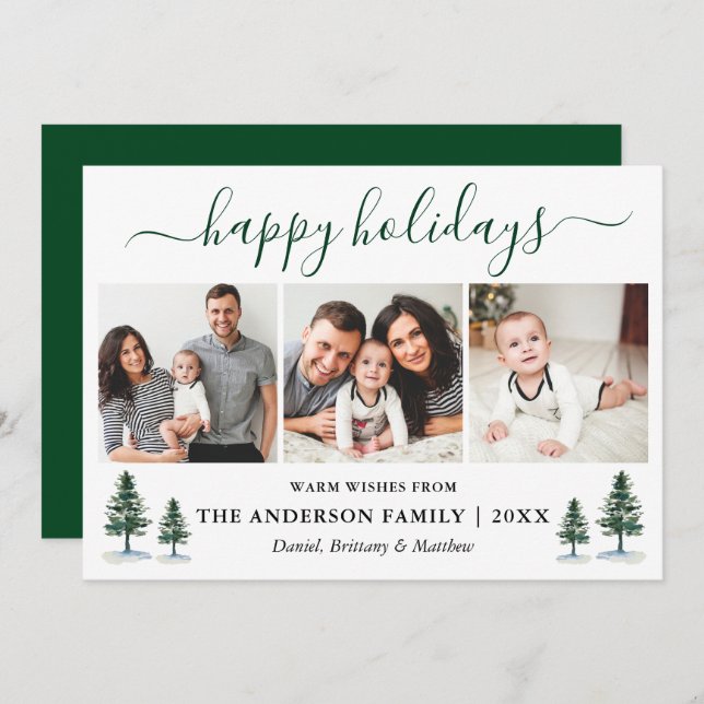 Cartes Pour Fêtes Annuelles Calligraphie aquarelle Pins verts 3 Photo (Devant / Derrière)