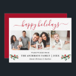 Cartes Pour Fêtes Annuelles Calligraphie Aquarelle Rouge Holly 3 Photo<br><div class="desc">Calligraphie moderne Script 3 Photo Famille Photo Collage Happy Holidays Card inclut Watercolor Christmas Holly Berries - Red Script</div>