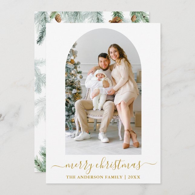 Cartes Pour Fêtes Annuelles Calligraphie Arche Aquarelle Pine Or (Devant / Derrière)