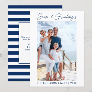 Cartes Pour Fêtes Annuelles Calligraphie bleue Mer d'encre et salutations rayé