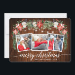 Cartes Pour Fêtes Annuelles Calligraphie Bois 3 Photo Aquarelle Hiver Floral<br><div class="desc">Script de calligraphie moderne,  aquarelle Florale d'hiver,  String Lights Couple 3 Photo Joyeux Noël Carte inclut des poinsettias rouges d'aquarelle,  roses blanches,  baies sèches,  cônes de pin et feuillage botanique. Bois rustique.</div>