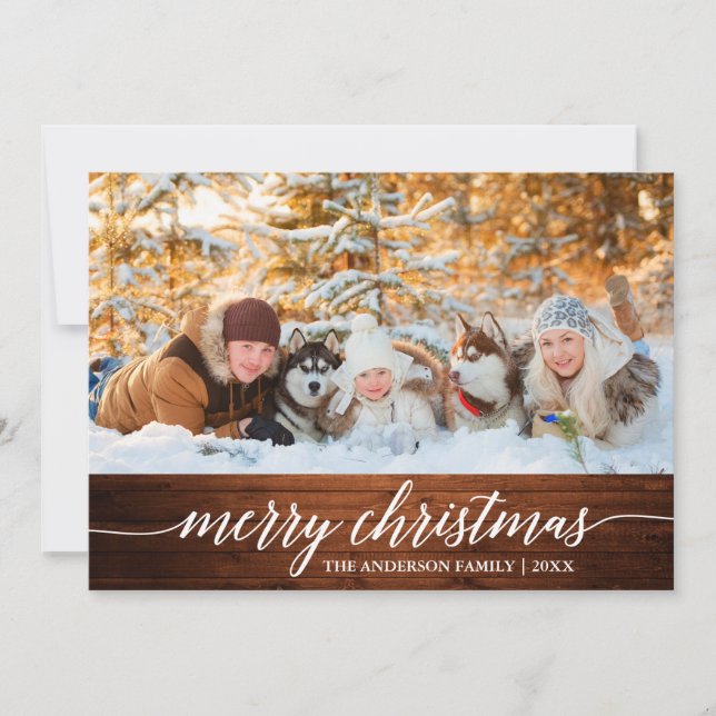 Cartes Pour Fêtes Annuelles Calligraphie Bois Joyeux Noël Famille Photo (Devant)
