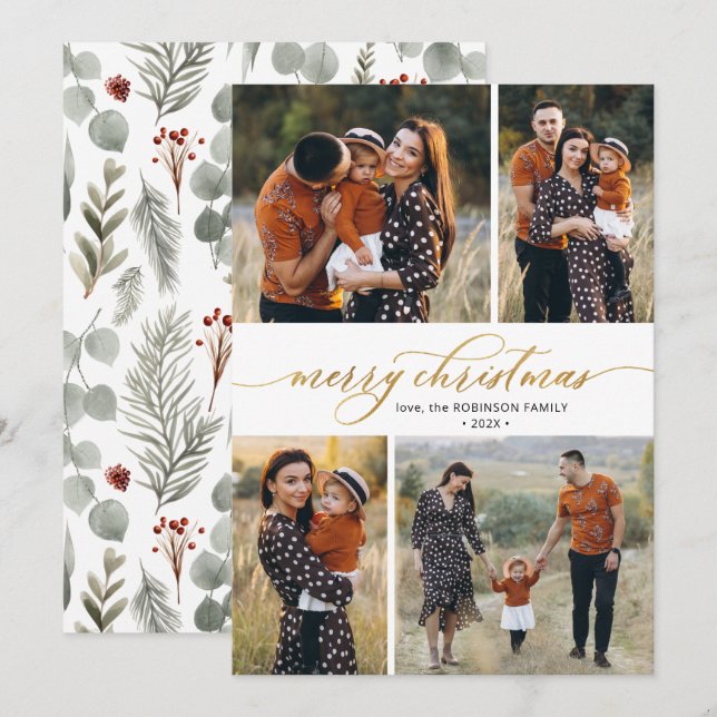 Cartes Pour Fêtes Annuelles Calligraphie botanique 4 Noël multiphoto (Devant / Derrière)