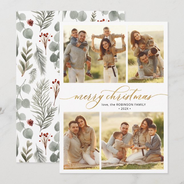 Cartes Pour Fêtes Annuelles Calligraphie botanique 4 Noël multiphoto (Devant / Derrière)