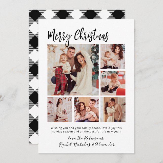 Cartes Pour Fêtes Annuelles Calligraphie Buffalo Plaid 6 photos de Noël (Devant / Derrière)