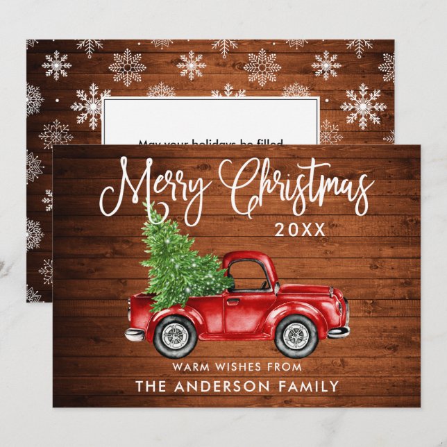 Cartes Pour Fêtes Annuelles Calligraphie Camion de Noël Flammes de neige Bois (Devant / Derrière)