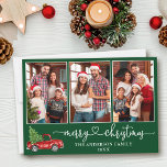 Cartes Pour Fêtes Annuelles Calligraphie Coeur 3 Photo Camion rouge de Noël<br><div class="desc">Calligraphie moderne Script cardiaque 3 Photo Famille Photo Collage Joyeux Noël Card - Aquarelle Vintage Camion rouge avec arbre de Noël - Arrière - plan vert de la forêt</div>