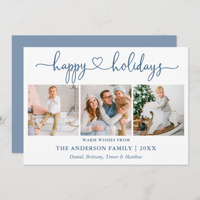 Cartes Pour Fêtes Annuelles Calligraphie Coeur 3 Photo Dusty Blue (Devant / Derrière)