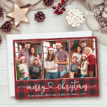 Cartes Pour Fêtes Annuelles Calligraphie Coeur 3 Photo Rouge Plaid Noël<br><div class="desc">Calligraphie moderne Script cardiaque 3 Photo Famille Photo Collage Joyeux Carte de Noël - Rouge Plaid</div>