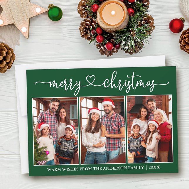 Cartes Pour Fêtes Annuelles Calligraphie Coeur 3 Photo Vert Joyeux Noël (Customize to add text to back of card or to change background color of card.)