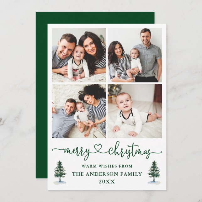 Cartes Pour Fêtes Annuelles Calligraphie Coeur 4 Photo Aquarelle Pins (Devant / Derrière)