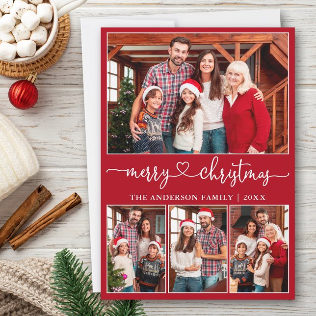 Cartes Pour Fêtes Annuelles Calligraphie Coeur 4 Photo Joyeux Noël Rouge (Customize to add text to back of card or to change background color of card.)