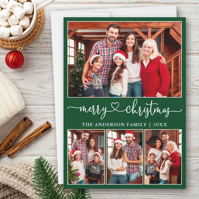 Cartes Pour Fêtes Annuelles Calligraphie Coeur 4 Photo Joyeux Noël Vert (Customize to add text to back of card or to change background color of card.)