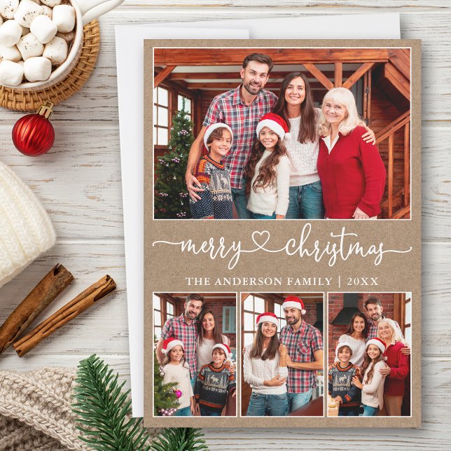Cartes Pour Fêtes Annuelles Calligraphie Coeur 4 Photo Kraft Joyeux Noël (Customize to add text to back of card.)