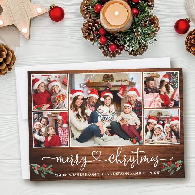 Cartes Pour Fêtes Annuelles Calligraphie Coeur 5 Photo Bois Noël Holly (Customize to add text to back of card.)