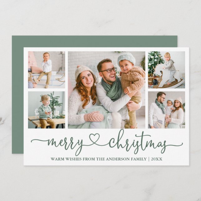 Cartes Pour Fêtes Annuelles Calligraphie Coeur 5 Photo Christmas Sage Green (Devant / Derrière)