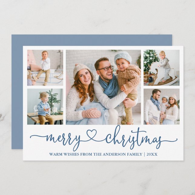 Cartes Pour Fêtes Annuelles Calligraphie Coeur 5 Photo Noël Dusty Blue (Devant / Derrière)