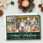 Cartes Pour Fêtes Annuelles Calligraphie Coeur 5 Photo Noël Vert Plaid<br><div class="desc">Calligraphie moderne Script cardiaque 5 Photo Famille Photo Collage Joyeux Carte de Noël - Plaid Vert</div>