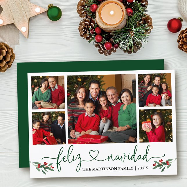 Cartes Pour Fêtes Annuelles Calligraphie Coeur Feliz Navidad Holly Green (Customize to add text to back of card.)