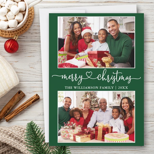 Cartes Pour Fêtes Annuelles Calligraphie Coeur Joyeux Noël Vert 2 Photo (Customize to add text to back of card.)