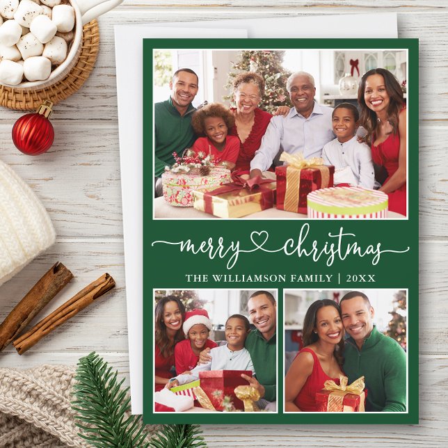 Cartes Pour Fêtes Annuelles Calligraphie Coeur Joyeux Noël Vert 3 Photo (Customize to add text to back of card.)