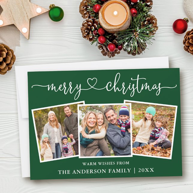 Cartes Pour Fêtes Annuelles Calligraphie Coeur Joyeux Noël Vert 3 Photo (Customize to add text to back of card or to change background color of card.)