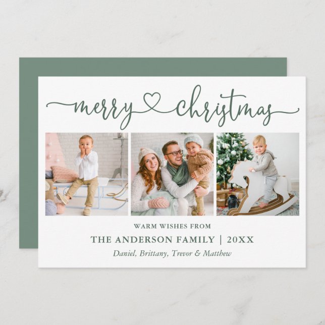 Cartes Pour Fêtes Annuelles Calligraphie Coeur Noël 3 Photo Sage Vert (Devant / Derrière)