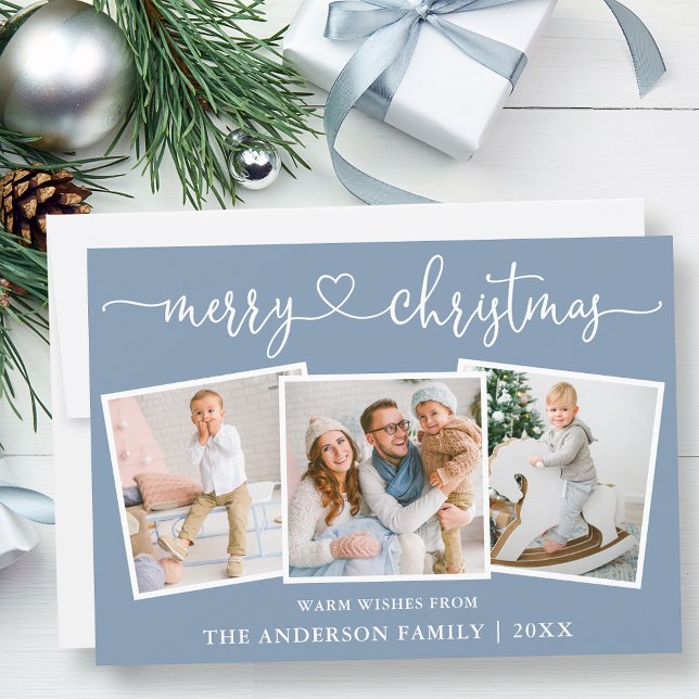 Cartes Pour Fêtes Annuelles Calligraphie Coeur Noël Dusty Blue 3 Photo (Customize to change your personalized text size or text style.)