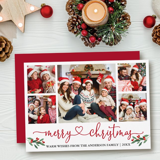 Cartes Pour Fêtes Annuelles Calligraphie Coeur Noël Holly 5 Photo Rouge (Customize to add text to back of card or to change color of  back of card.)
