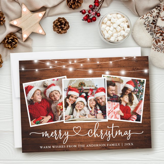 Cartes Pour Fêtes Annuelles Calligraphie Coeur Noël Lumières en bois 3 Photo (Customize to add text to back of card.)