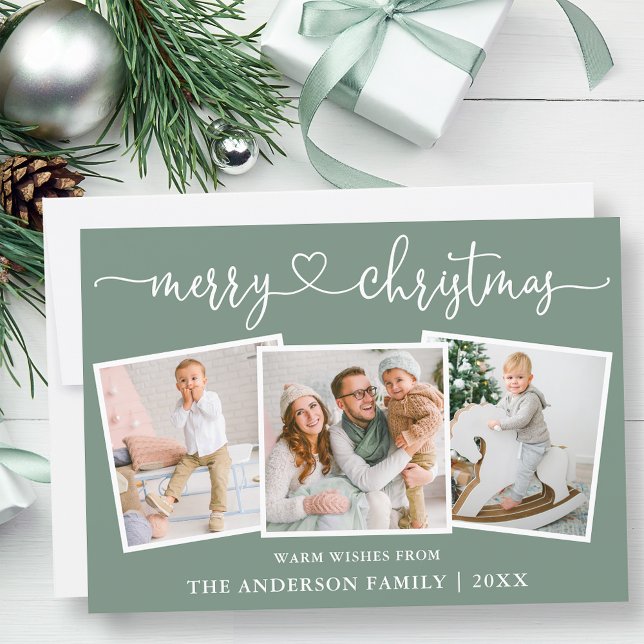 Cartes Pour Fêtes Annuelles Calligraphie Coeur Noël Sage Vert 3 Photo (Customize to change your personalized text size or text style.)