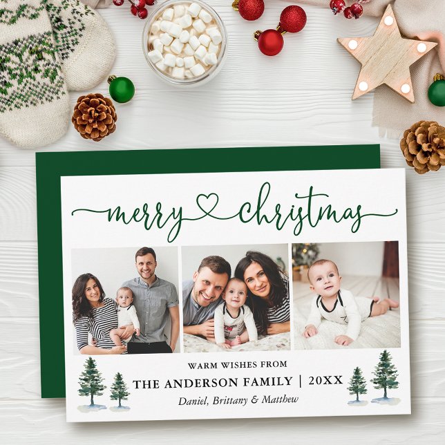 Cartes Pour Fêtes Annuelles Calligraphie Coeur Pins de Noël 3 Photo Vert (Customize to add text to back of card or to change color of  back of card.)