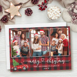Cartes Pour Fêtes Annuelles Calligraphie Coeur Plaid 3 Photo Camion de Noël<br><div class="desc">Calligraphie moderne Script cardiaque 3 Photo Famille Photo Collage Rustique Rouge Buffalo Plaid Joyeux Carte de Noël - Aquarelle Vintage Camion rouge avec arbre de Noël</div>