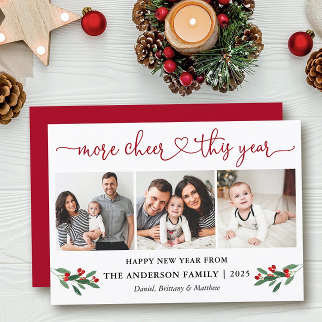 Cartes Pour Fêtes Annuelles Calligraphie Coeur Plus Cheer Holly 3 Photo Rouge (Customize to add text to back of card.)