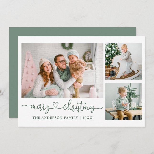 Cartes Pour Fêtes Annuelles Calligraphie Coeur Sage Vert Noël 3 Photo (Devant / Derrière)