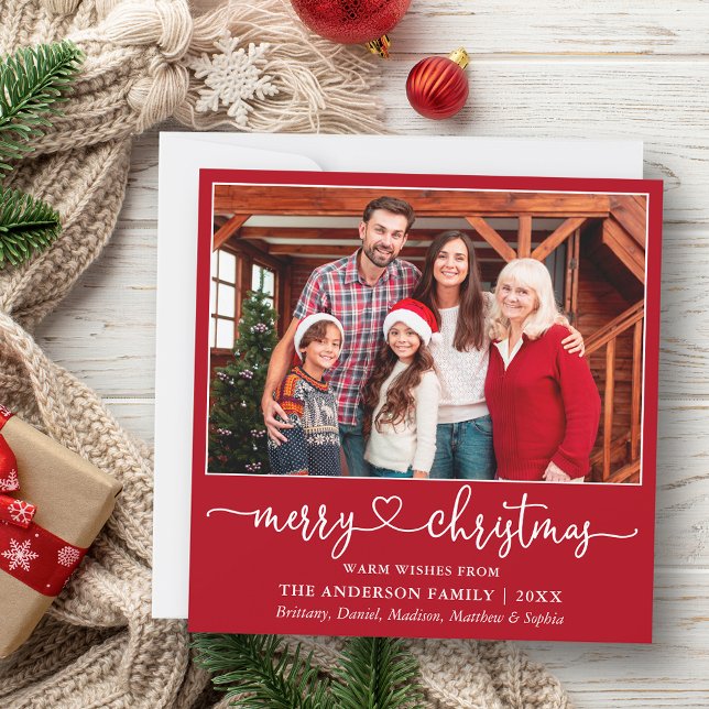 Cartes Pour Fêtes Annuelles Calligraphie Coeur Script Carré de Noël Rouge (Customize to add text to back of card.)