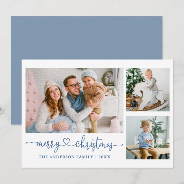Cartes Pour Fêtes Annuelles Calligraphie Coeur Script Christmas Blue 3 Photo (Devant / Derrière)