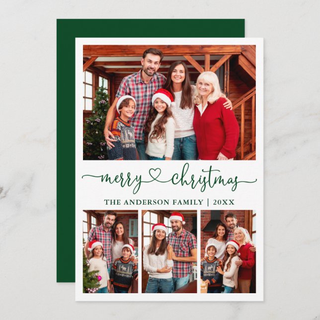 Cartes Pour Fêtes Annuelles Calligraphie Coeur Script Noël 4 Photo Vert (Devant / Derrière)