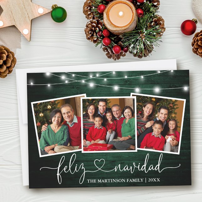 Cartes Pour Fêtes Annuelles Calligraphie Coeur Vert Bois Lumières Feliz Navida (Customize to add text to back of card.)