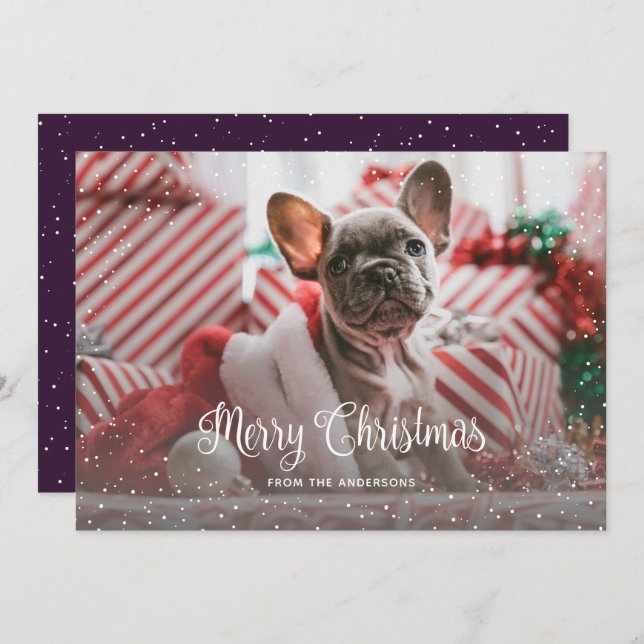 Cartes Pour Fêtes Annuelles Calligraphie de neige violet photo Joyeux Noël Car (Devant / Derrière)