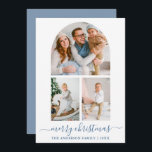 Cartes Pour Fêtes Annuelles Calligraphie Dusty Blue 3 Arche photo Noël<br><div class="desc">Script de calligraphie moderne tendance Joyeux Noël 3 Photo Arch Carte de vacances - Dusty Blue</div>