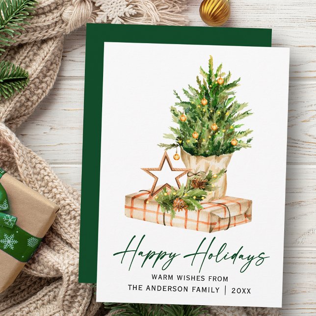 Cartes Pour Fêtes Annuelles Calligraphie Écran d'encre Vert Aquarelle Pines (Customize to change your personalized text size, style or change color of back of card.)