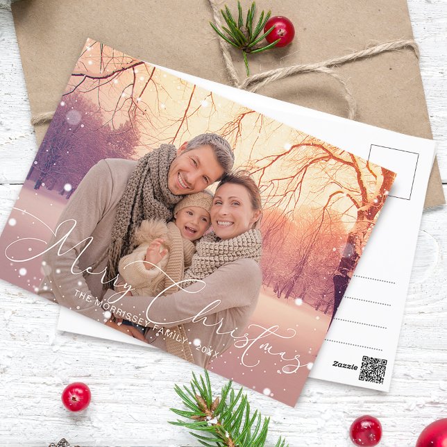 Cartes Pour Fêtes Annuelles Calligraphie Élégante Flocons de Noël Joyeux Noël (Elegant Calligraphy Merry Christmas Snowflakes Holiday Postcard)