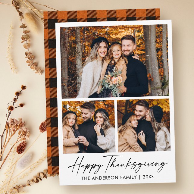 Cartes Pour Fêtes Annuelles Calligraphie Encre 3 Photo Orange Plaid Thanksgivi (Customize to change your personalized text size or text style.)