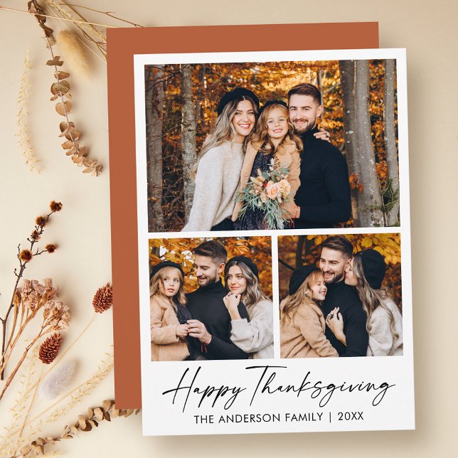 Cartes Pour Fêtes Annuelles Calligraphie Encre 3 Photo Terracotta Thanksgiving (Customize to change your personalized text size, style or to change color of back of card.)