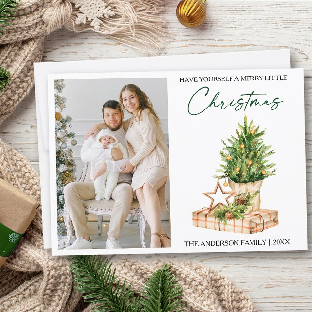 Cartes Pour Fêtes Annuelles Calligraphie encre Aquarelle Pines Photo (Customize to change your personalized text size or text style)